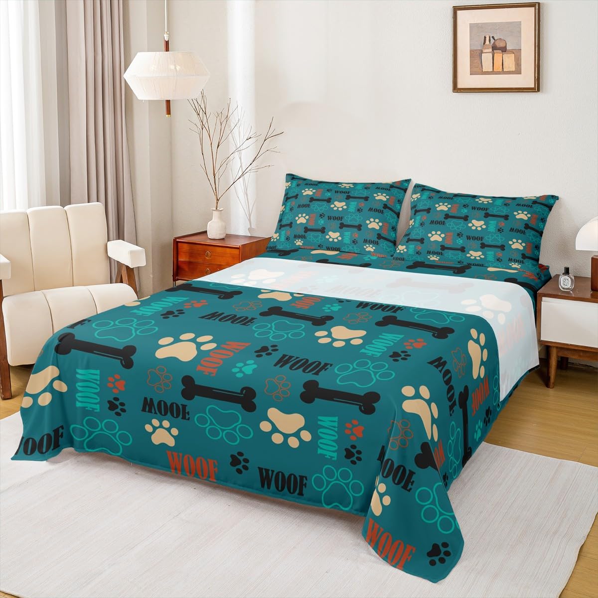 Cute Dog Paw Print Bed Sheet Set Twin Size,Puppy Dog Pets Lovers Style Fitted Sheet + 1 Flat + 1 Pillow Sham,Bone Cartoon Animal Green Bed Mattress Cover for Kids Boys Gift,Ultra Soft