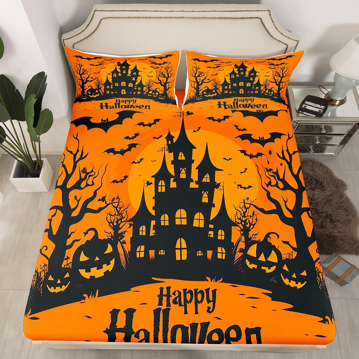 jejeloiu Halloween Decor Bed Sheets Set Twin Size Pumpkins Bed Set for Kids Boys Girls Haunted Houses Deep Pocket Fitted Sheet Dead Tree Breathable Soft Lightweight Microfiber