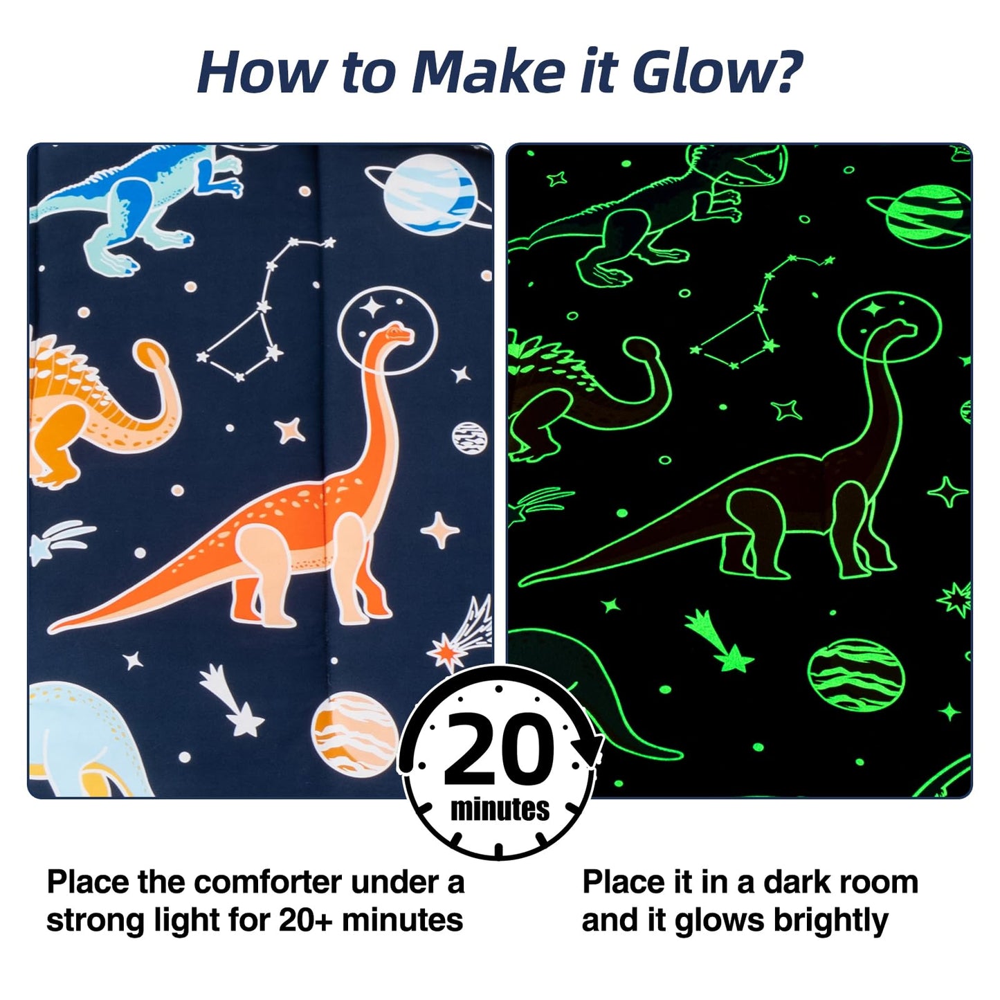 Meeting Story 3pcs Zipper Bedding Twin Kids Space Dinosaur Glow in the Dark Comforter Set for Boys(Navy,Twin)