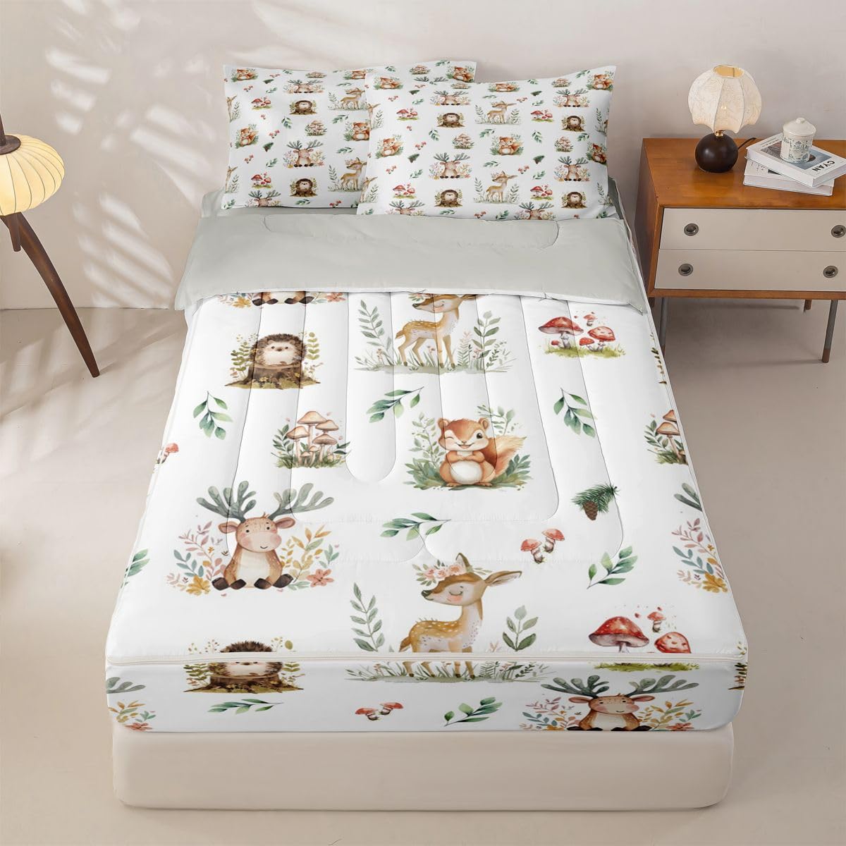 Erosebridal Woodland Animal Kids Zippered Comforter Set Kawaii Deer Hedgehog Squirrel Zipper Bedding Set Twin Size Cartoon Animals Bed in a Bag Cute Mushroom Pine Cones Leaves Comforter with Sheets