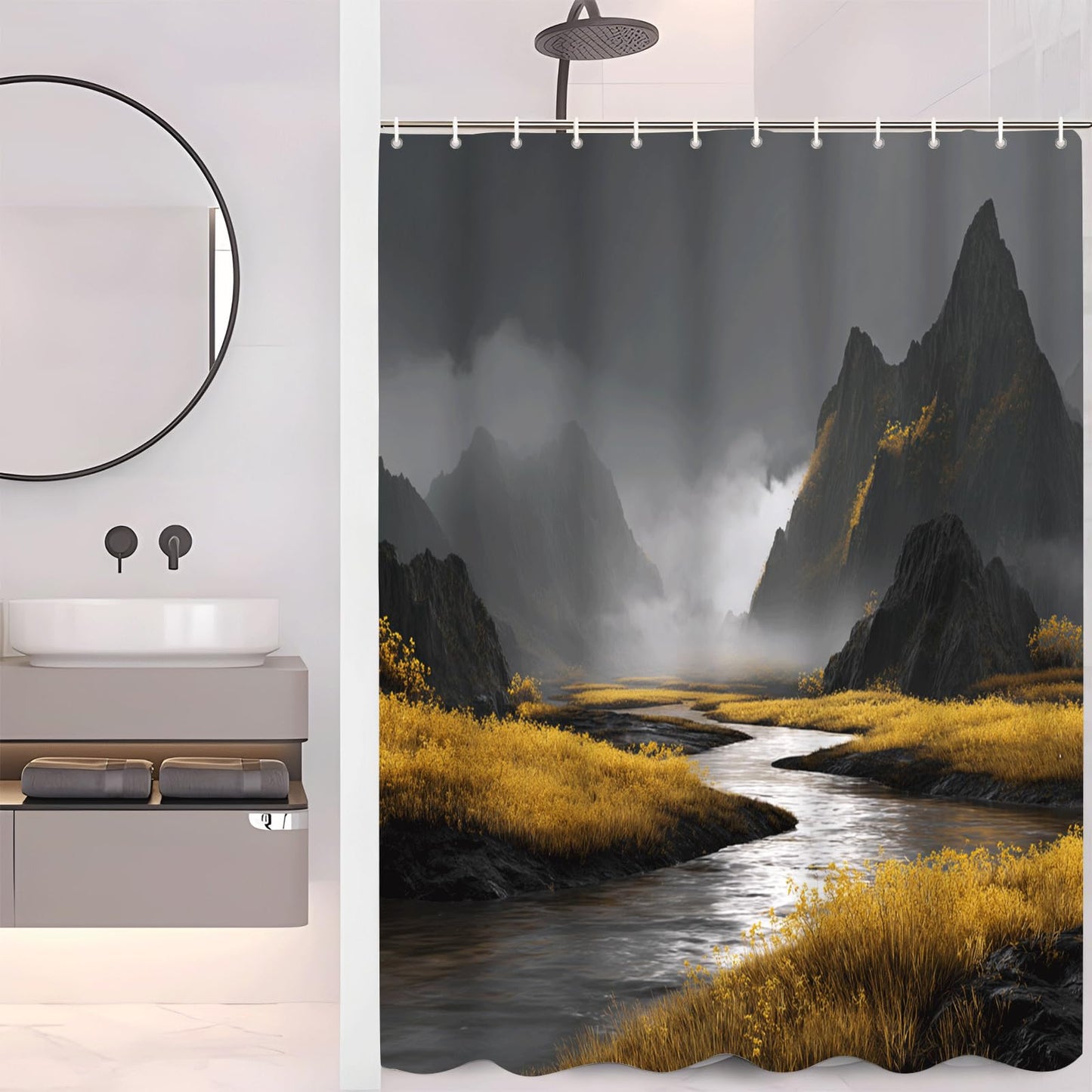 ZROLUW Mountains River Shower Curtain Set 36" W x 72" L Nature Scenery Landscape Bath Curtain Bathroom Fabric Polyester Waterproof Modern Shower Curtains with Hooks