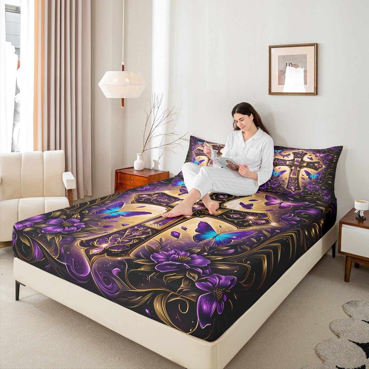 Erosebridal The Cross Theme Flat Fitted Sheet Full Patriotic Style Bedding Sets Butterfly Floral Bed Sheets Set for Men Women Adult,Purple Flower Bedding Sets for Bedroom Decor with 2 Pillow Cases