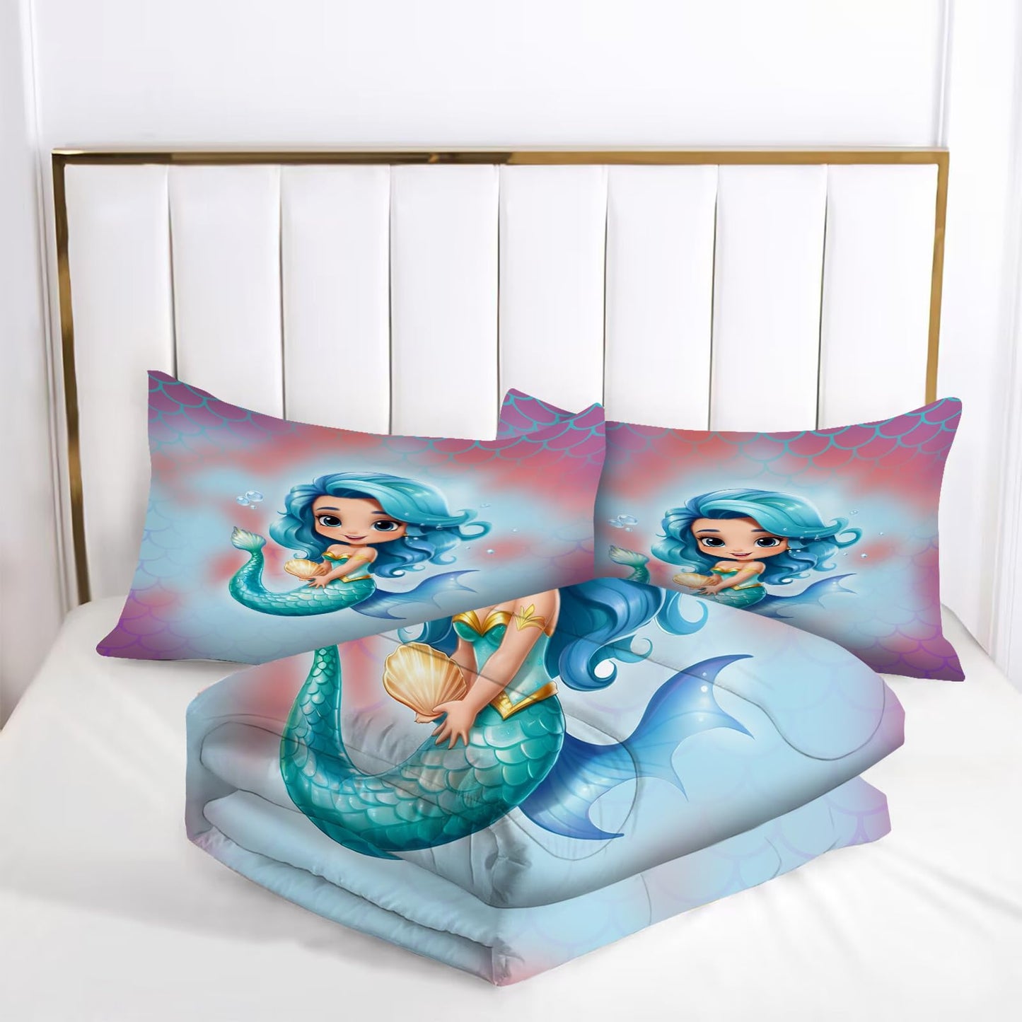 kxry King Size Little Lovely Mermaid Princess Comforter Sets Mermaid Fish Scale Bedding Set Sparkle Teal Quilt for Girls Kids Lightweight Soft Microfiber Room Decoration Duvet