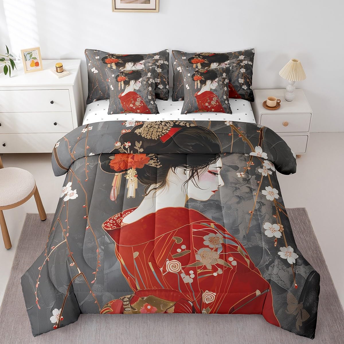 Feelyou Kids Japan Geisha Comforter Set Twin Size 7 Pieces Cherry Blossoms Bedding Set Japanese Style Japanese Tradition Aesthetic Bed in a Bag with Comforter, Sheets, Pillowcases & Cushion Cover