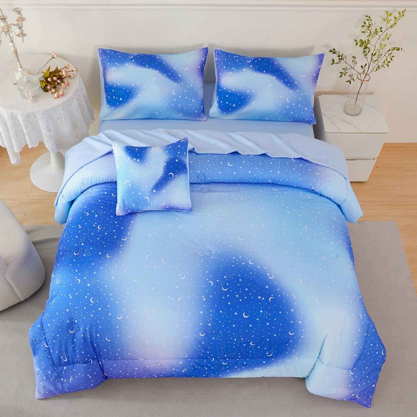 URBONUR Galaxy Blue Comforter Set Queen Size for Boys Girls Ombre Glitter Nebula Kids Teen Bedding Sets Light Blue Soft Lightweight 6Pcs Bed in A Bag Sets