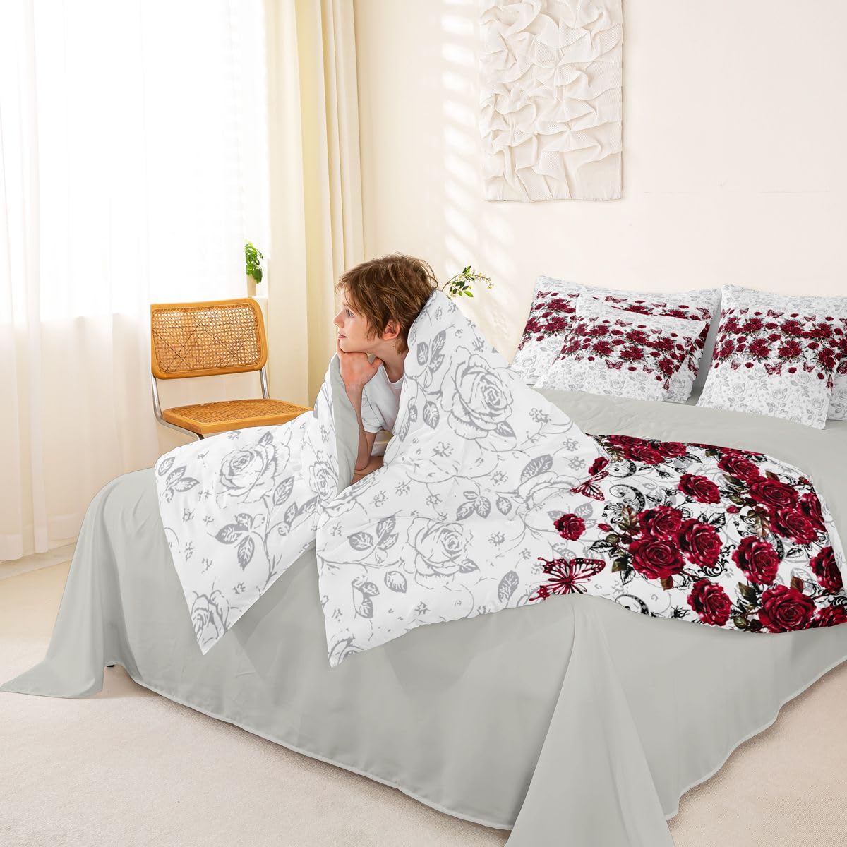 Feelyou Red Rose 7 Piece Bedding Set Floral Flower Comforter Set with Sheets for Kids Boys Girls Jacquard Damask Bed in a Bag Butterfly Print Bed Set Soft Lightweight