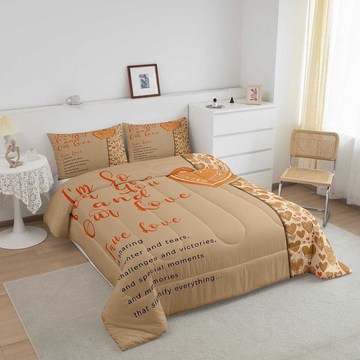 Erosebridal Romantic Love Hearts Comforter Set Queen,Orange Motto Down Comforter,Valentine Gifts Bedding,True Love Bedding Comforter Sets
