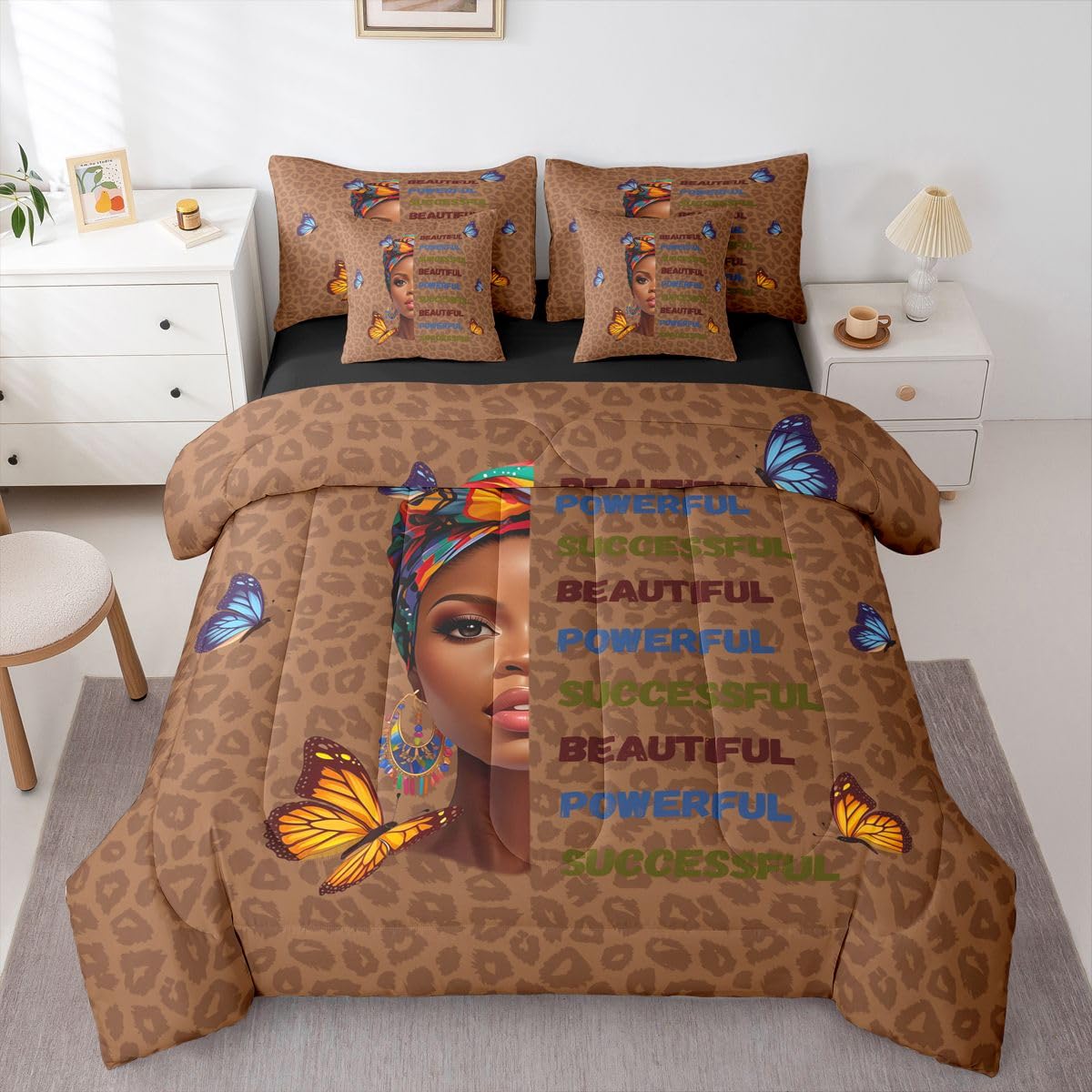 Erosebridal Cute Black Girls Queen Bedding Set Stylish Leopard Print Comforter Set with Flat and Fitted Sheet Teen Colorful Headwrap 7-Piece Bed in a Bag Women Empowering Words Butterfly Quilt Sets