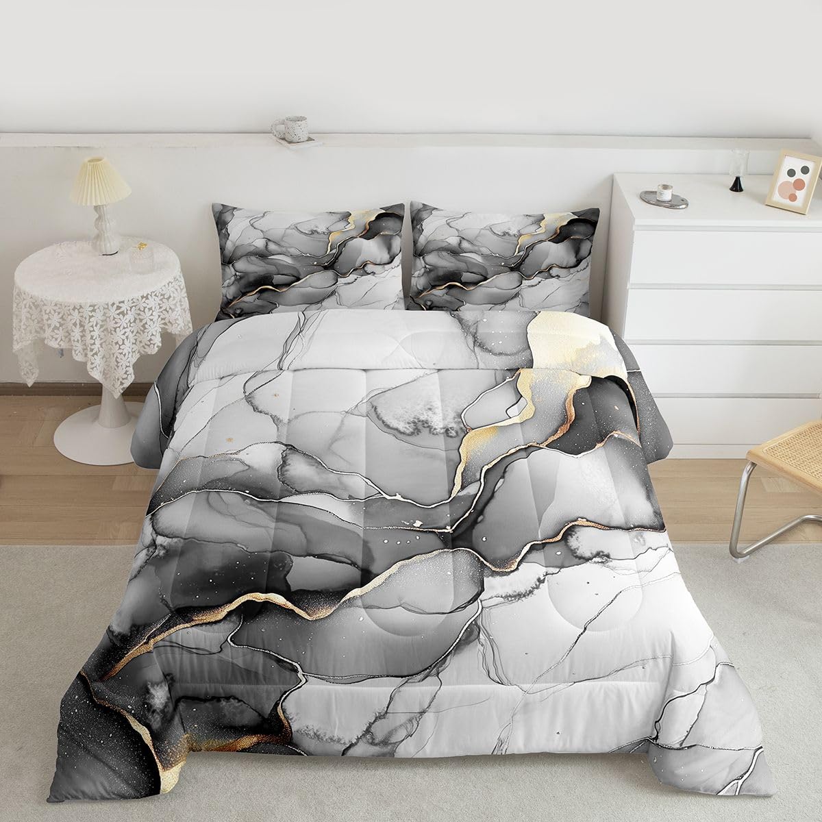 Erosebridal Grey Marbling Bedding Set King Marble Pattern Comforter Set for Kids Boys Girls Gold Ink Fluid Art Down Comforter,Ombre Marble Textured Quilt Duvet