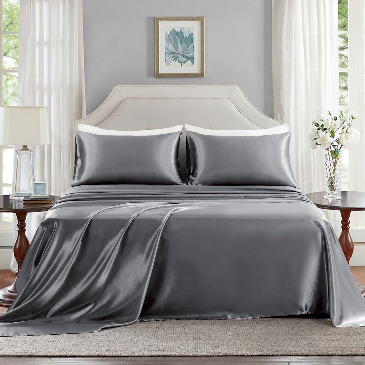 GOLAL Satin Sheets Full Size - 4 Pieces Luxury Silky Soft Bed Sheets, Wrinkle-Free Dark Grey Satin Silk Sheet Set with 1 Deep Pocket Fitted Sheet, 1 Flat Sheet, 2 Pillow Cases