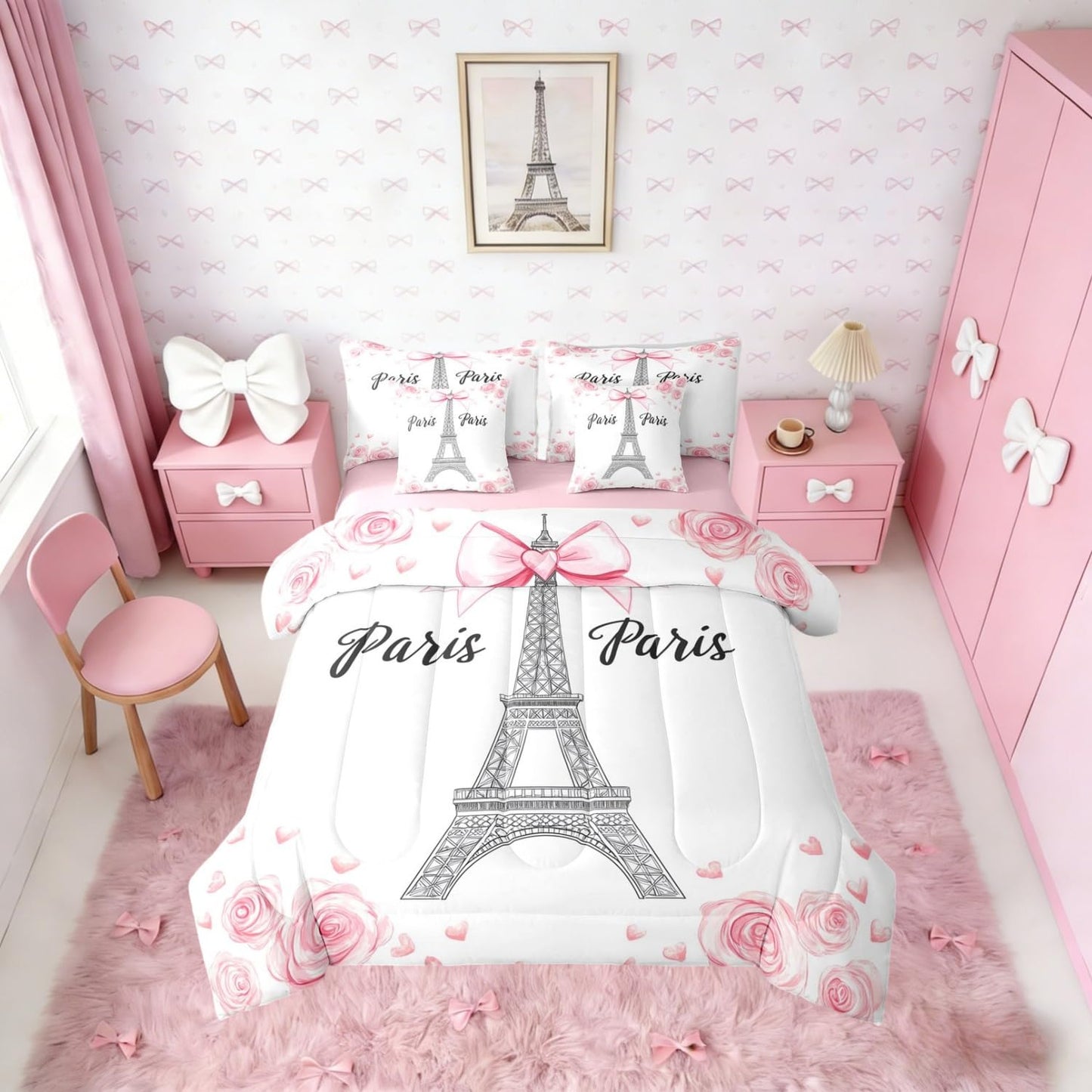 Erosebridal Eiffel Tower 7 Pcs Bedding Set Twin Kawaii Pink Bowknot Comforter Set with Sheets Rose Bed in A Bag Romantic Ribbon Bow Kids Girls Bedroom Decor