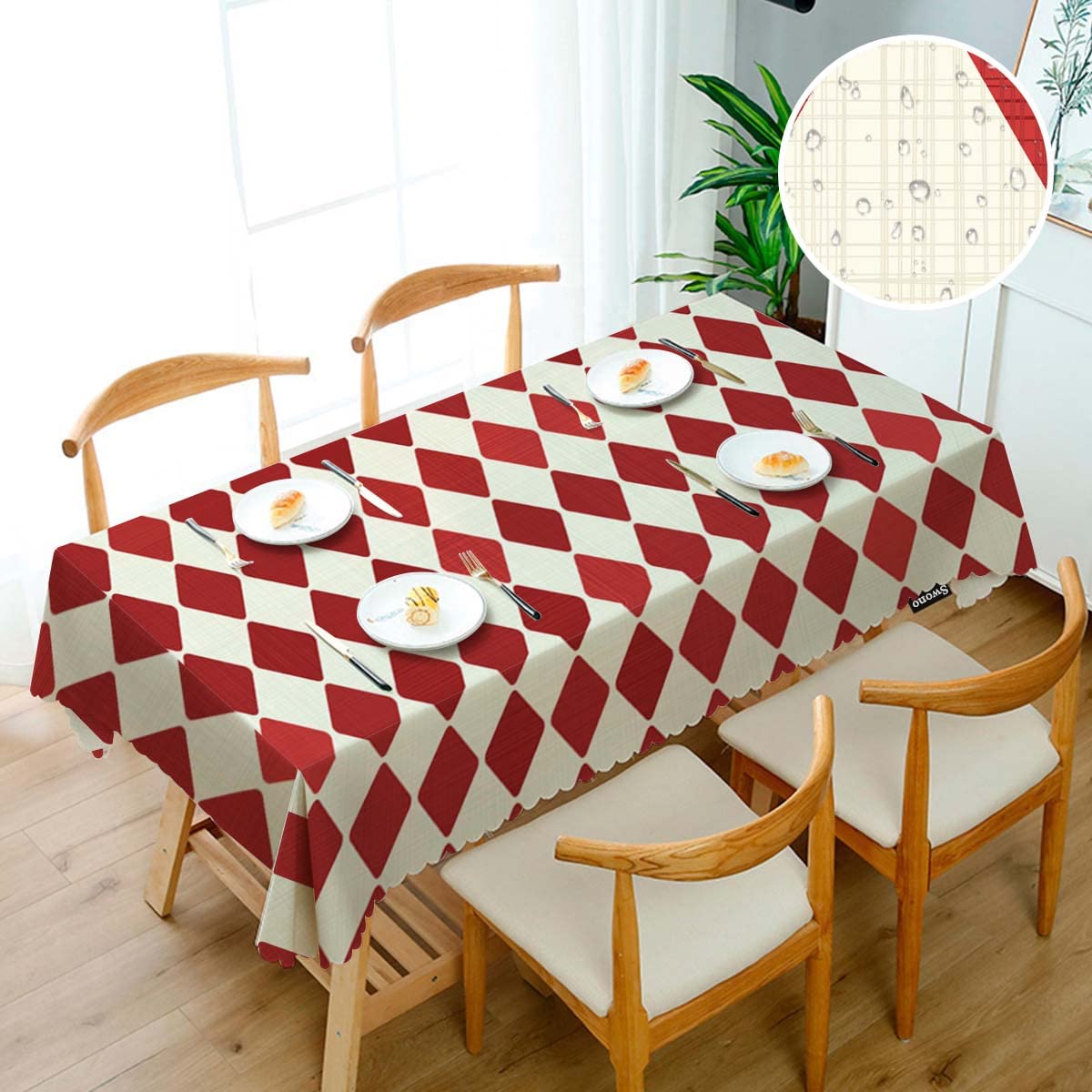 Swono Tablecloth Red Rhombuses, Retro Diamond Argyle Red Table Cloth for Kitchen Dining Tabletop Decoration Parties Weddings, 52 X 70 Inch Rectangle Picnic Tablecloth