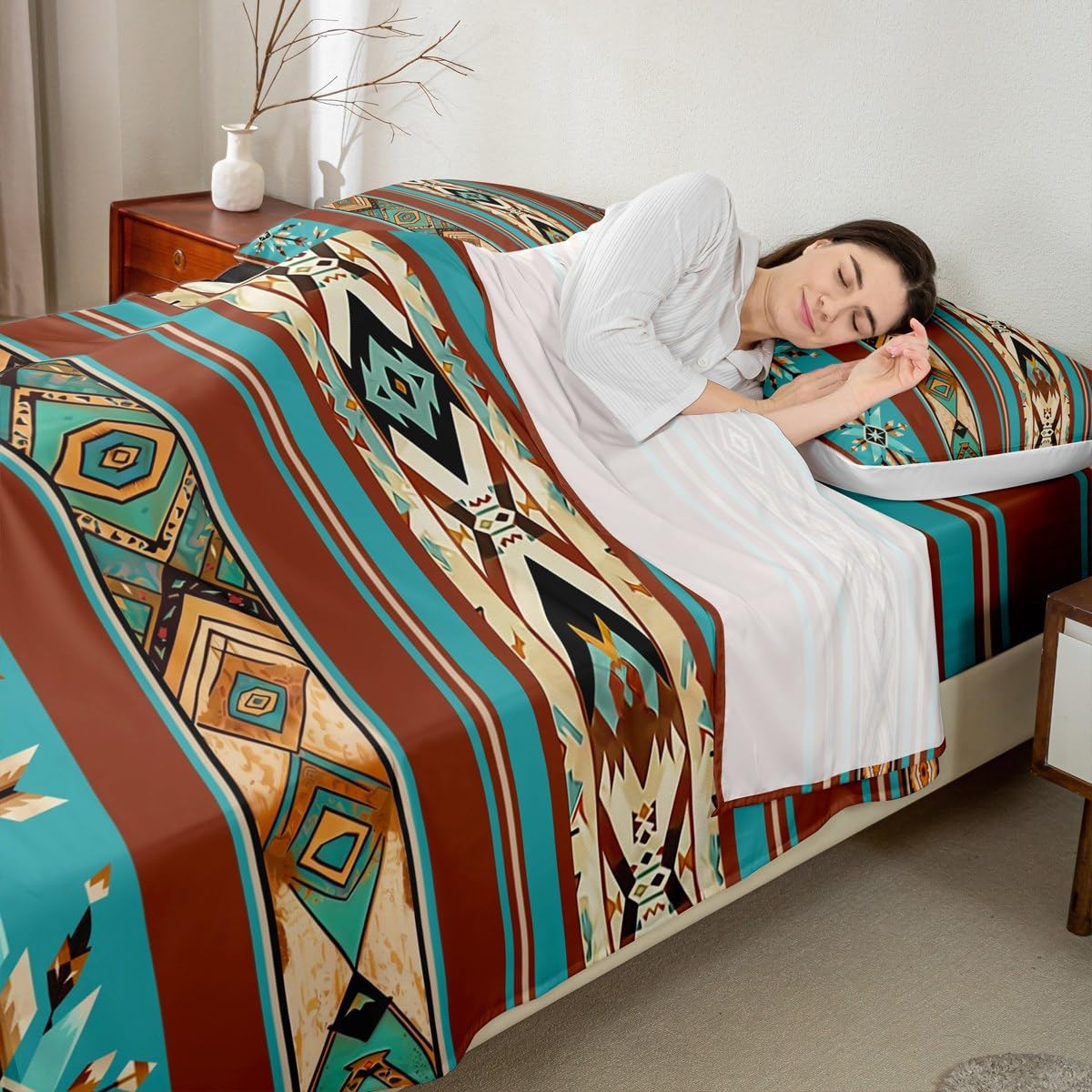 jejeloiu Southwestern Aztec Bed Sheets Sets Queen Size Kids Boys Girls Western Aztec Bedding Set Boho Bed Sheet Set with 16-Inch Deep Pockets Geometric Ethnic 4Pcs with 2 Pillow Cases