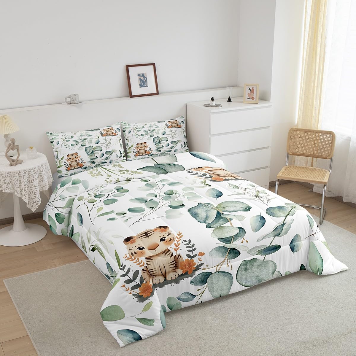 Erosebridal Kids Cute Animal Twin Comforter Set for Girls Boys Cartoon Tiger Bedding Set Twin, Spring Eucalyptus Bedding Comforter Sets Leaves Duvet Set, Kawaii Jungle Animal Quilted Comforter