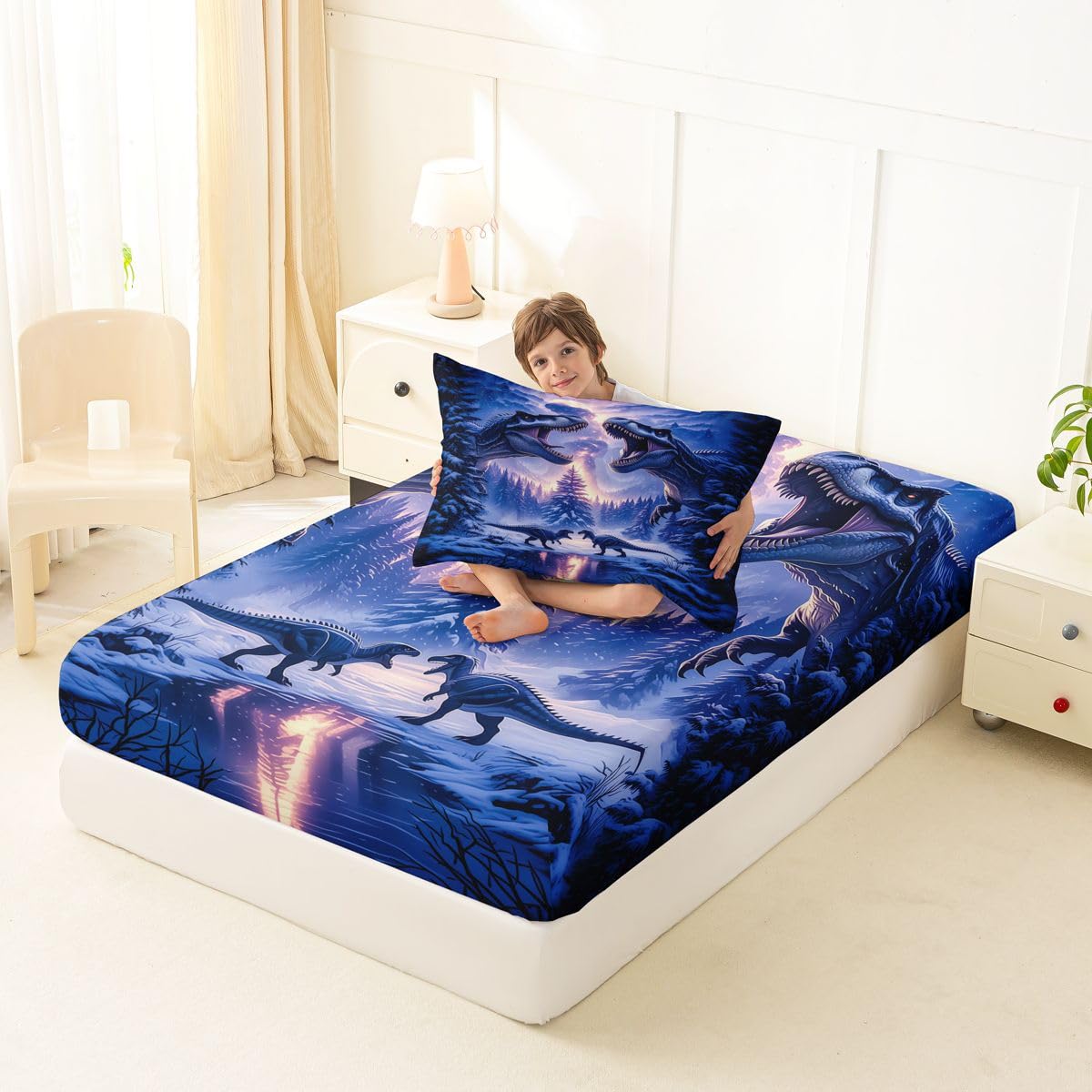 Feelyou Dinosaur Bed Sheets Set Twin Size 3D Digital Print Bed Set Jungle Dino Deep Pocket Fitted Sheet Wild Animal Breathable Soft Lightweight Microfiber Blue Purple