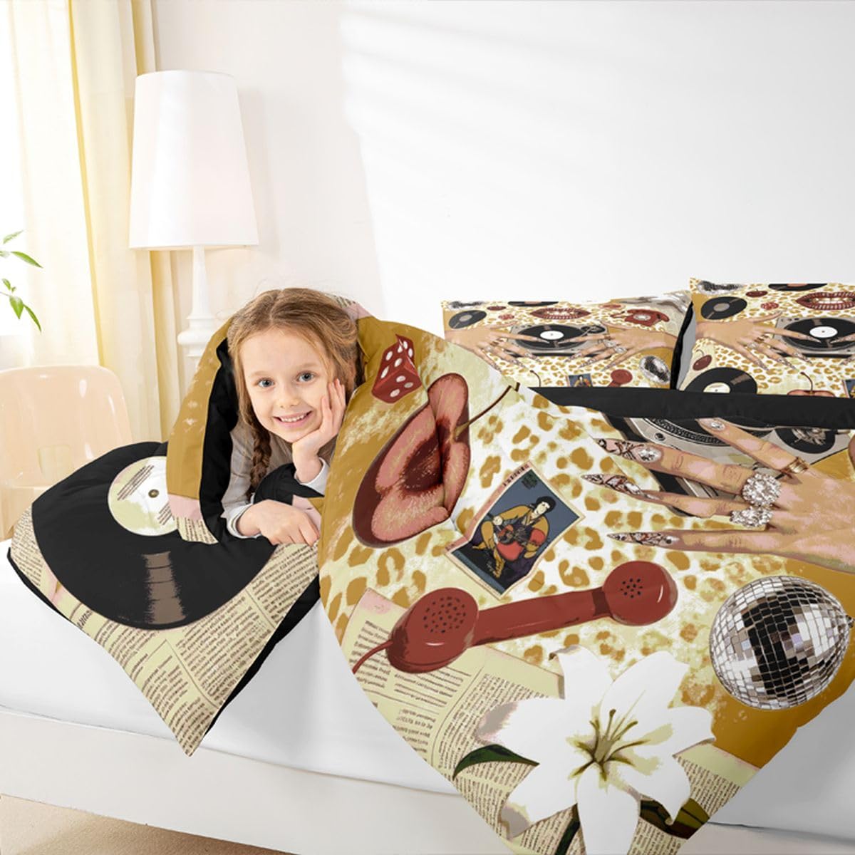 Music Vinyl Record Down Comforter Queen Size,Trendy Black Woman Bedding Sets 3Pcs for Kids Teens Woman Men Room Decor,Leopard Cheetah Pattern Quilted Duvet Retro Coquette Bedspread,2 Pillowcases