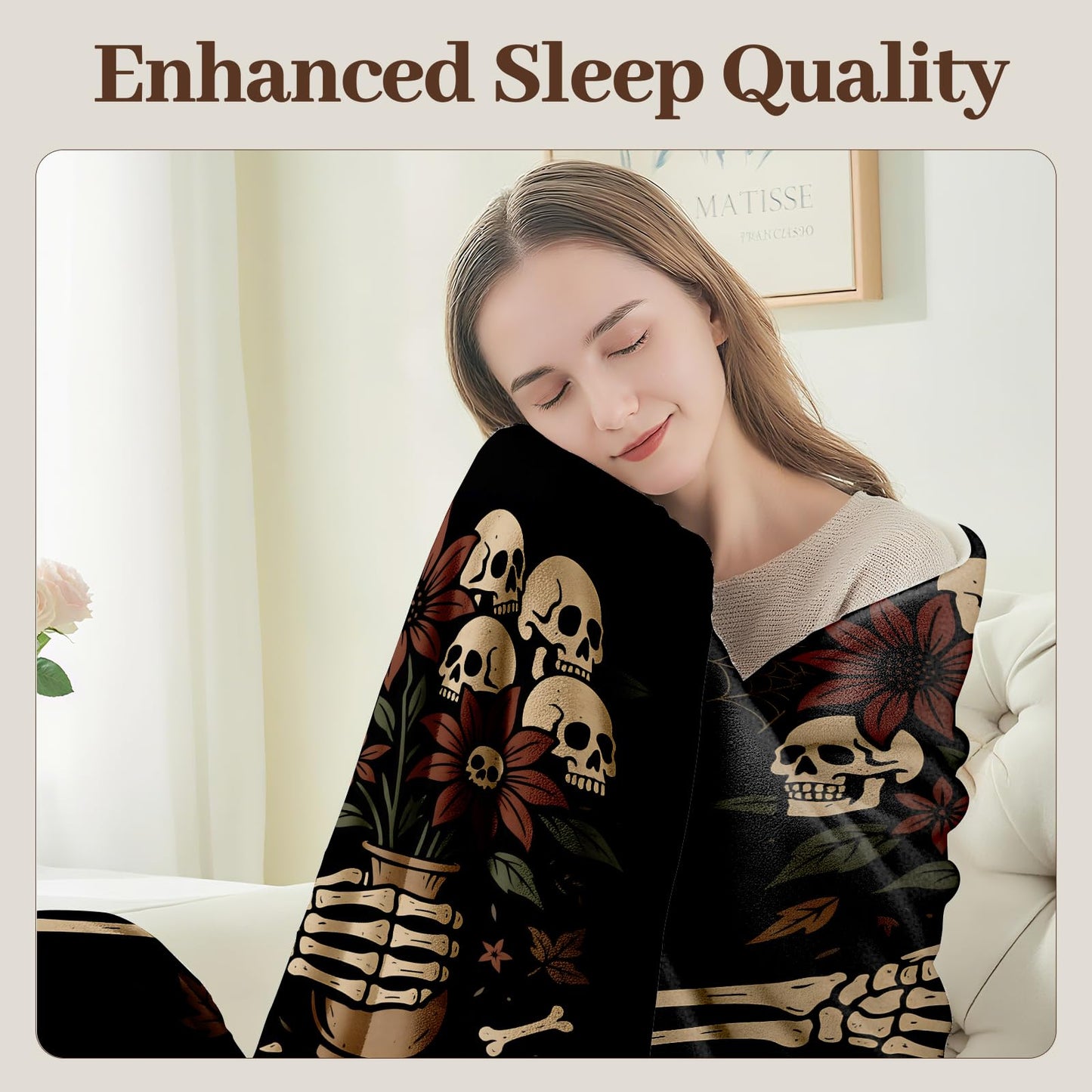 Tadccn Gothic Skull Blanket Soft Cozy Flannel Throw Blankets, Skeleton Hand with Flower and Bone Art Throws for Couch Bed Sofa Living Room Halloween Decor, Gifts for Women Adults Goth Lovers 60"×50"