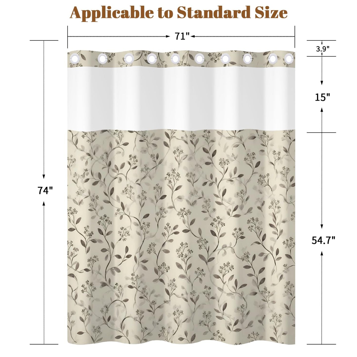 Xiazhilaio Beige Botanical Shower Curtain with Snap in Liner, 71x74 Inch