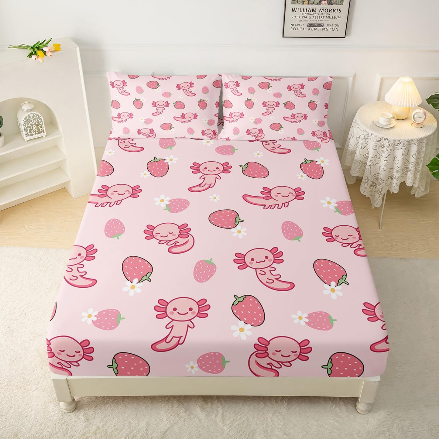 QOOMO Pink Axolotl Microfiber Flat Fitted Sheets Set for Children Kawaii Strawberry Kids Sheet Set Cute Sea Creature Super Soft Kids Bedding Set Queen Size 1 Fitted Sheet, 1 Flat Sheet, 2 Pillow Cases