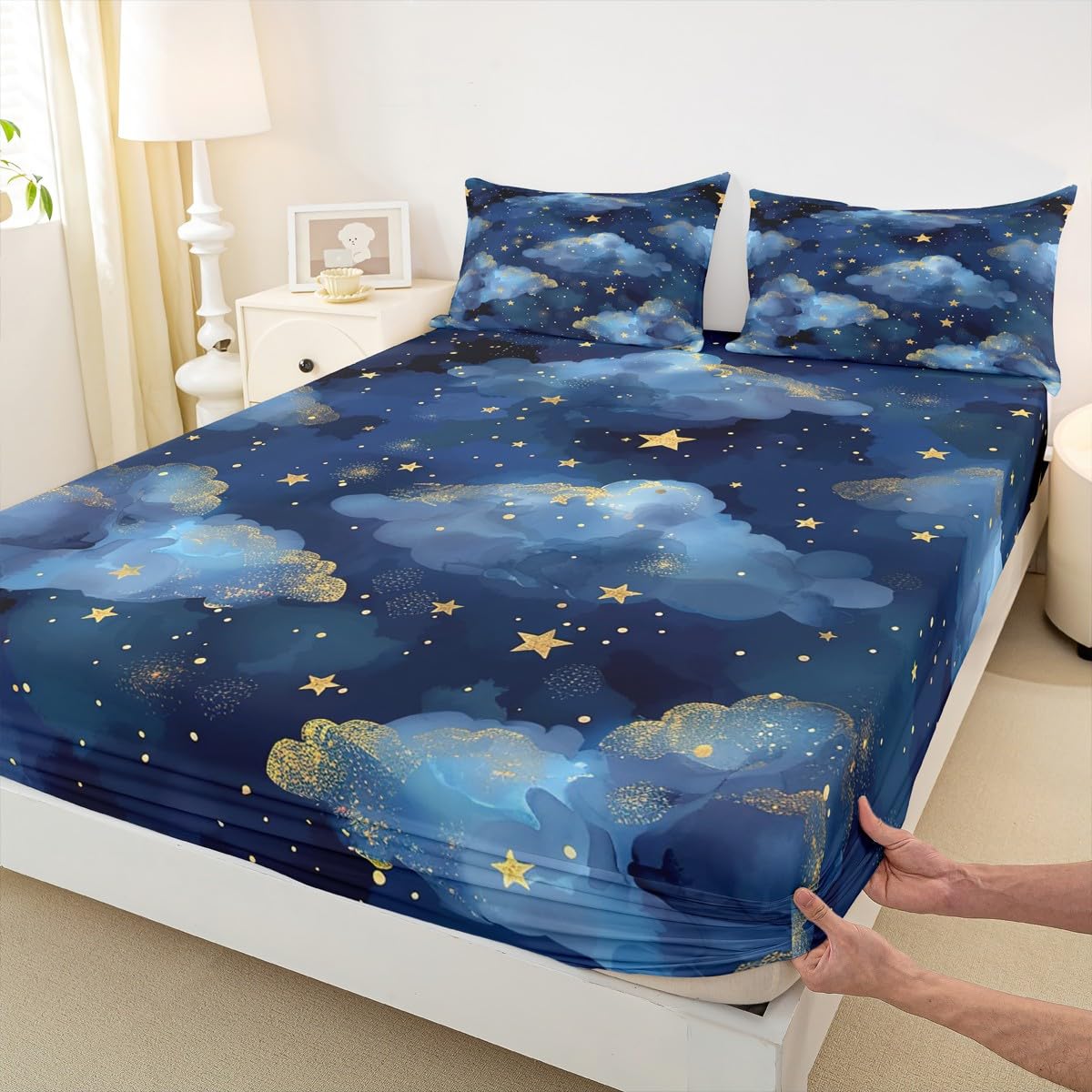 Castle Fairy Night Sky Sheet Set Trippy Starry Galaxy Bedding Set Ombre Blue Cloud Bed Sheets Teens Room Decor Navy Blue Bed Set (Twin Flat Sheet & Fitted Sheet with 1 Pillow Case)