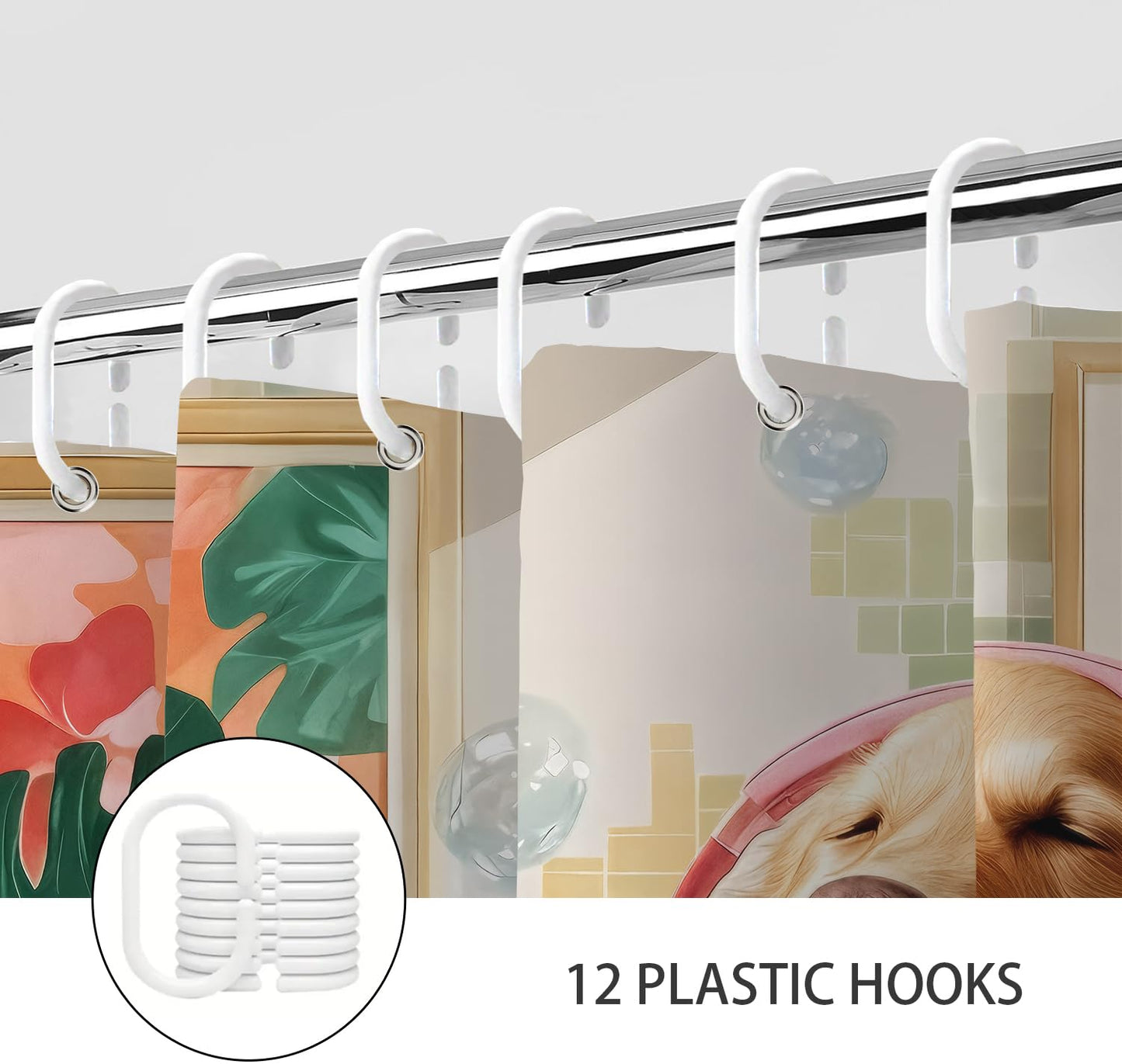 Aeivice Funny Dog Shower Curtain, Kids Cute Fun Pet Shower Curtains Set, Boho Unique Aesthetic Tropical Leaves Animal Polyester Fabric Shower Curtains for Bathroom with Hooks 72X72IN Pink Green