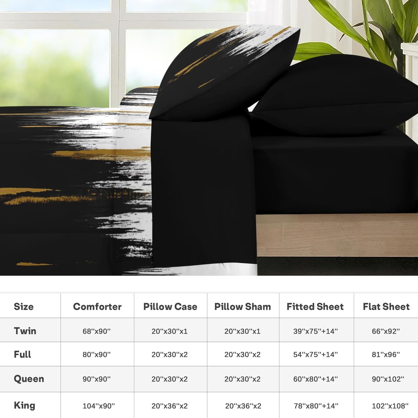 Nesker Comforter Set King Size, Black Gold White 7 Pcs Bedding for Kids and Adults, Abstract Oil Painting Bed Sheet Sets with Fitted Sheet 2 Pillowcases & 2 Shams