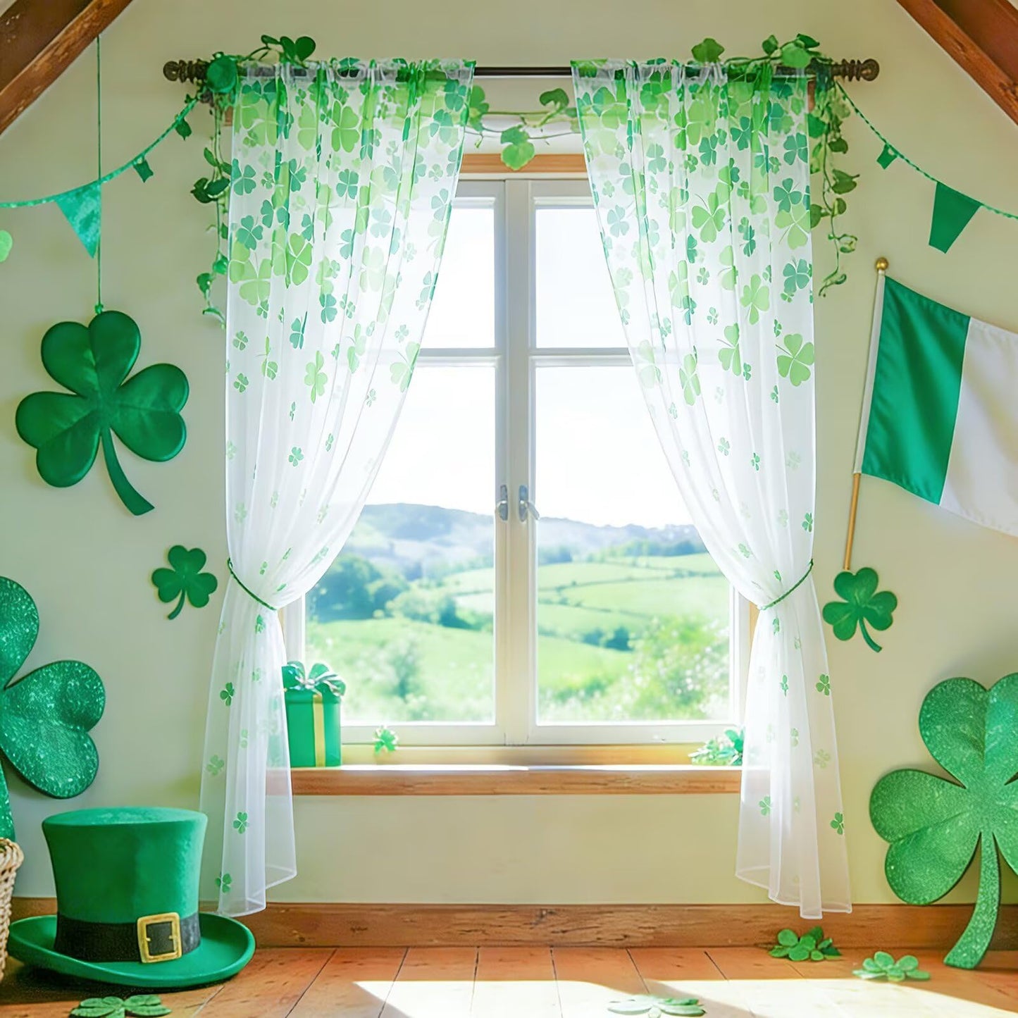 youleyar St. Patrick's Day Sheer Curtains 84 Inches Long, 2 Panels Shamrock Clover Printed Pattern Curtain, Rod Pocket Drapes for Bedroom and Home Decor, 52" W x 84" L