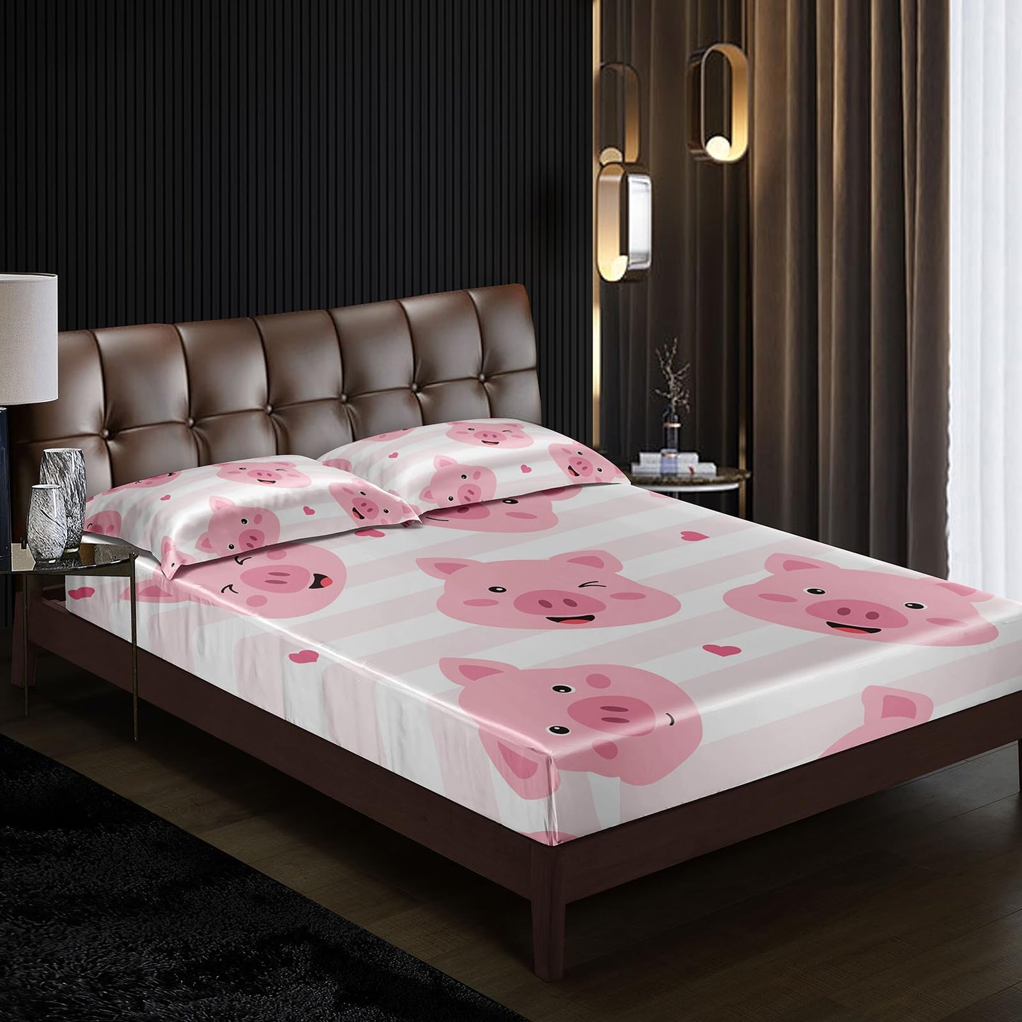 AILONEN Cute Pig Fitted Sheet Set Twin Size,3-Piece Kawaii Pig Bed Sheet Set for Kids Girls,Cartoon Pink White Stripes Print Fitted Sheet with 2 Pillowcases