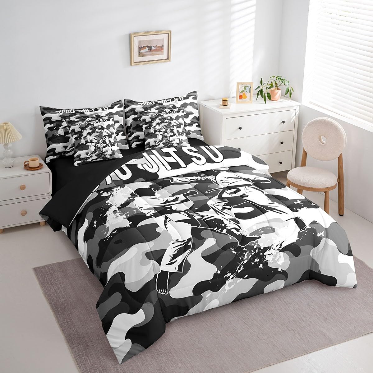 Manfei 7 Pieces Jiujitsu Comforter Set Full Size, Japanese Judo Sports Theme Bedding Set, Grey Camouflage Print Bed in A Bag with Comforter, Sheets and Pillowcases, Kids Boys Teen Room Decor