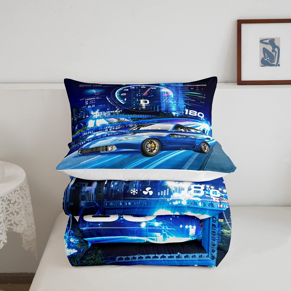 Feelyou Boys Sports Car Comforter Set for Kids - Extreme Sports Bedding Set with 1 Comforter and 1 Pillowcase, Twin Size, Blue