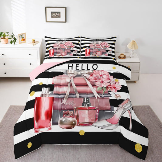 Erosebridal Black and Pink Comforter King Size Fashion Black White Girly Bedding Set for Girl Women Modern Flower Floral Perfume Striped Duvet Insert High Heels Magazine Books Bed Sets