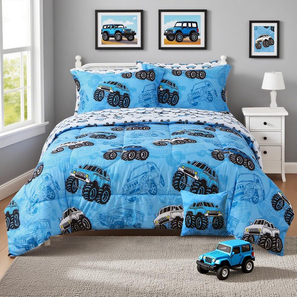 Mooreeke Kids Twin Comforter Sets for Boys 6 Pieces Truck Blue Bedding Set for Teens Soft Microfiber Kids Bed in A Bag with Comforter, Sheet Set, Shams and Decorative Toy Pillow All Season
