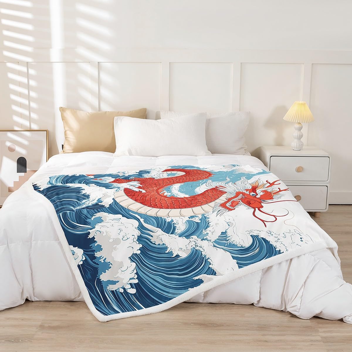 Erosebridal Dragon Throw Blanket Baby 30"X40" Wave Sherpa Blanket,Japanese Ukiyoe Plush Bed Blanket Exotic Animal Fleece Blanket for Kids Boys Teens Ancient Flannel Blanket