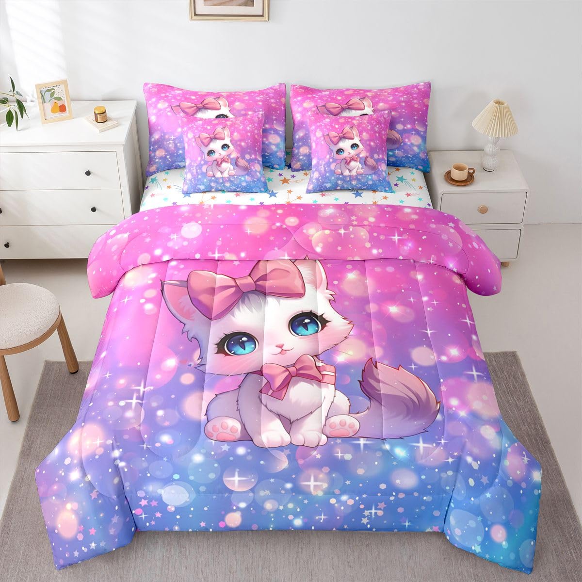 Feelyou Cat Twin Comforter Set with Sheets for Kids Boys Girls Cute Kitten 7 Pieces Bedding Set Cute Animal Bed in a Bag Cat Lover's Gift Room Decor Soft Lightweight Microfiber