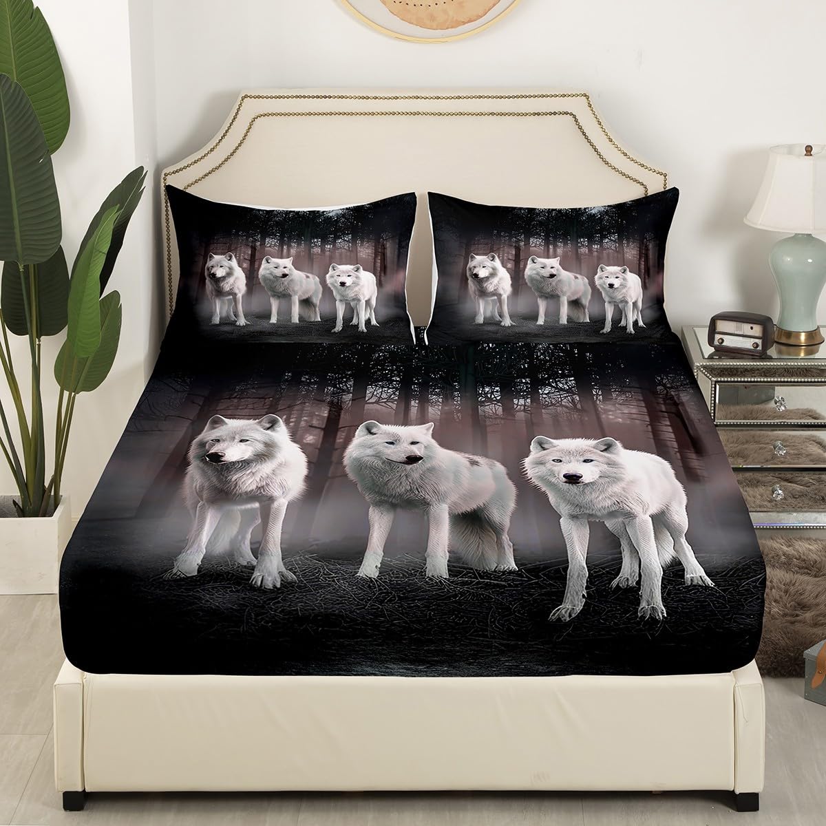Feelyou Wolf Bed Sheets Safari Animal Pattern Sheet Set for Kids Boys Girls White Wolf Family Bed Set Cool Wildlife Style Decor Sheets with 1 Pillowcase 3Pcs Bedding Twin