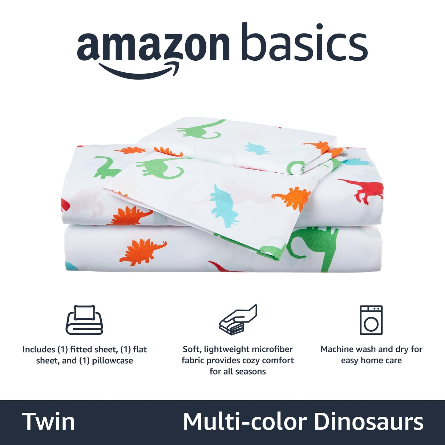 Amazon Basics Kid's Soft, Breathable, Easy-Wash Microfiber 3-Piece Sheet Set with Fitted Sheet, Twin, Multi-Color Dinosaurs, Animal Print