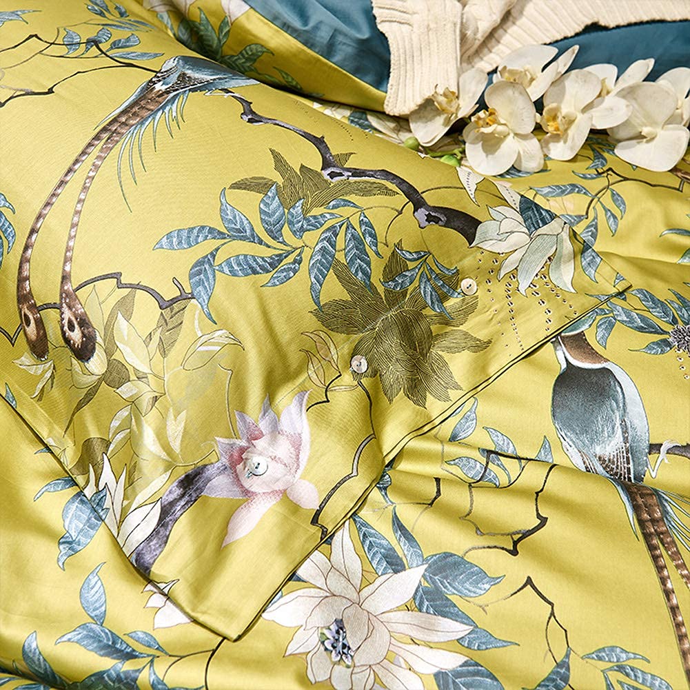 mixinni Duvet Cover Set King Size Bird Flower Pattern Soft Long Staple Cotton Floral Bedding Comforter Cover Set with Zipper Ties for Women and Men, Ultra Soft, Breathable, Easy Care-King Size