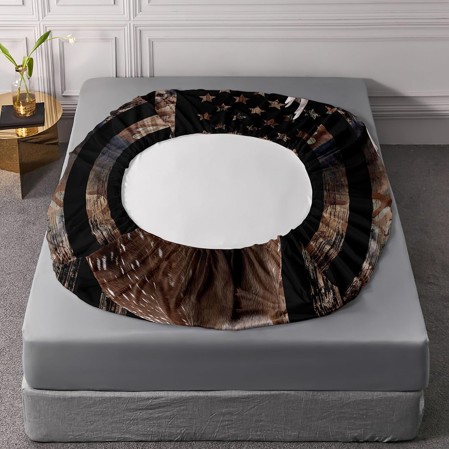 HOSIMA Deer Hunting Camo Bedding,Hunter Bedding Set American Flag Fitted Sheet Set Full Size for Adult Teen Boy Bedroom Decor,1 Fitted Sheet+2 Pillowcases.