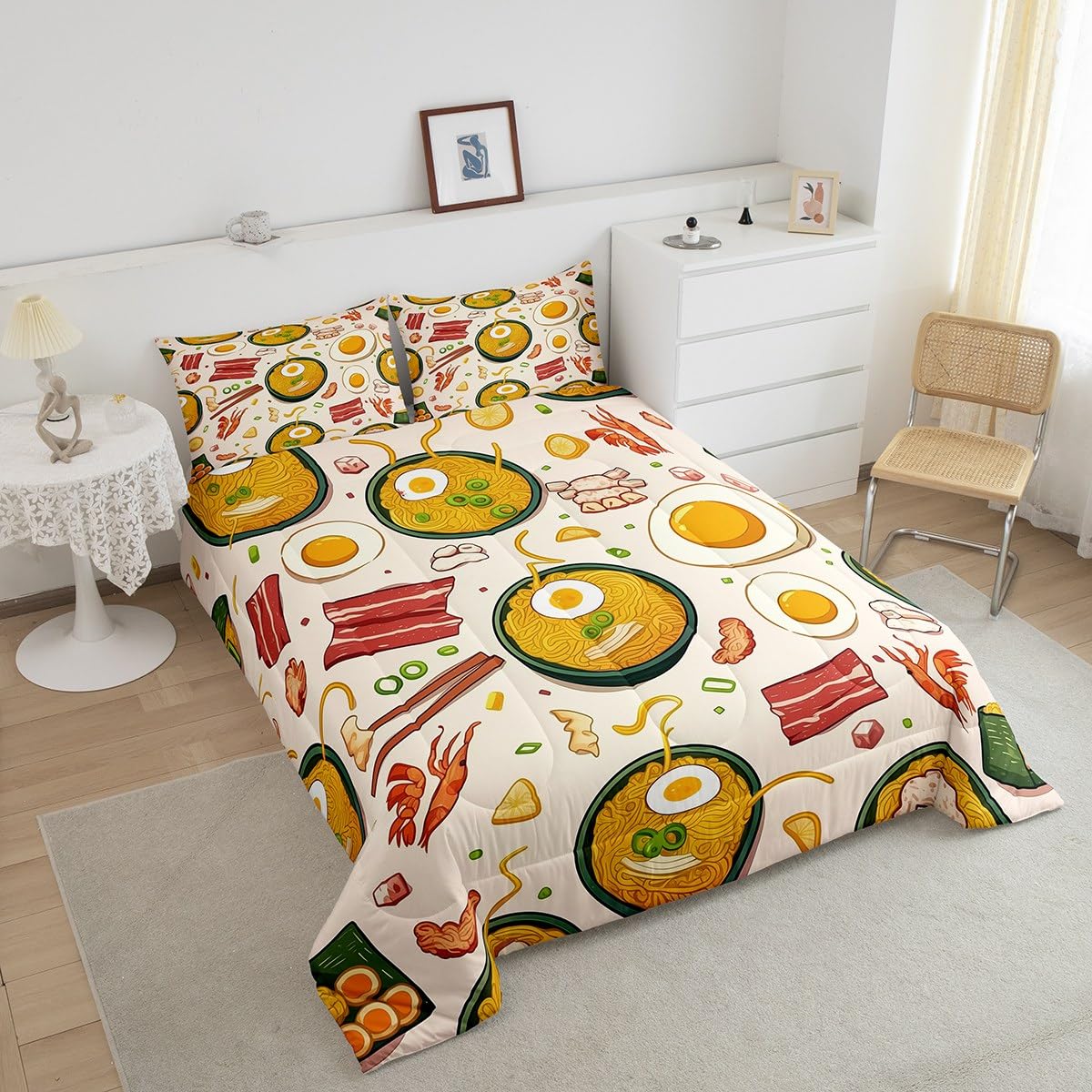 Erosebridal Ramen Noodle Queen Comforter Set,Japanese Food Bedding Set Ramen Gifts for Kids Boys Girls,Funny Food Quilt Bed Set Anime Style Bedding Comforter Sets with 2 Pillowcases Room Decor
