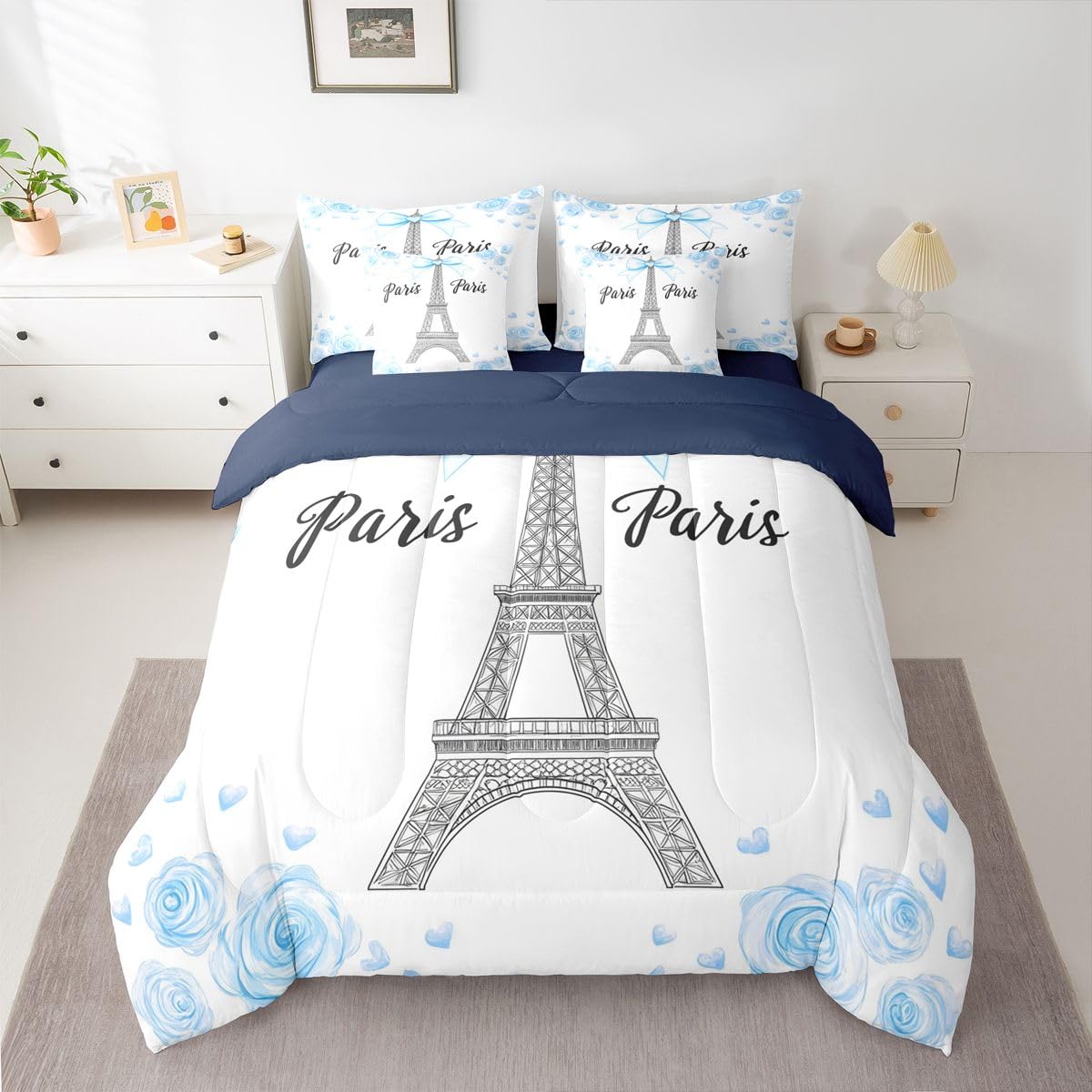 Erosebridal Blue Bow Tie Twin Bedding Sets for Girls Eiffel Tower 7 Piece Comforter Set with Sheets Rose Romantic Paris France Bed in A Bag Princess Bowknot Bed Set