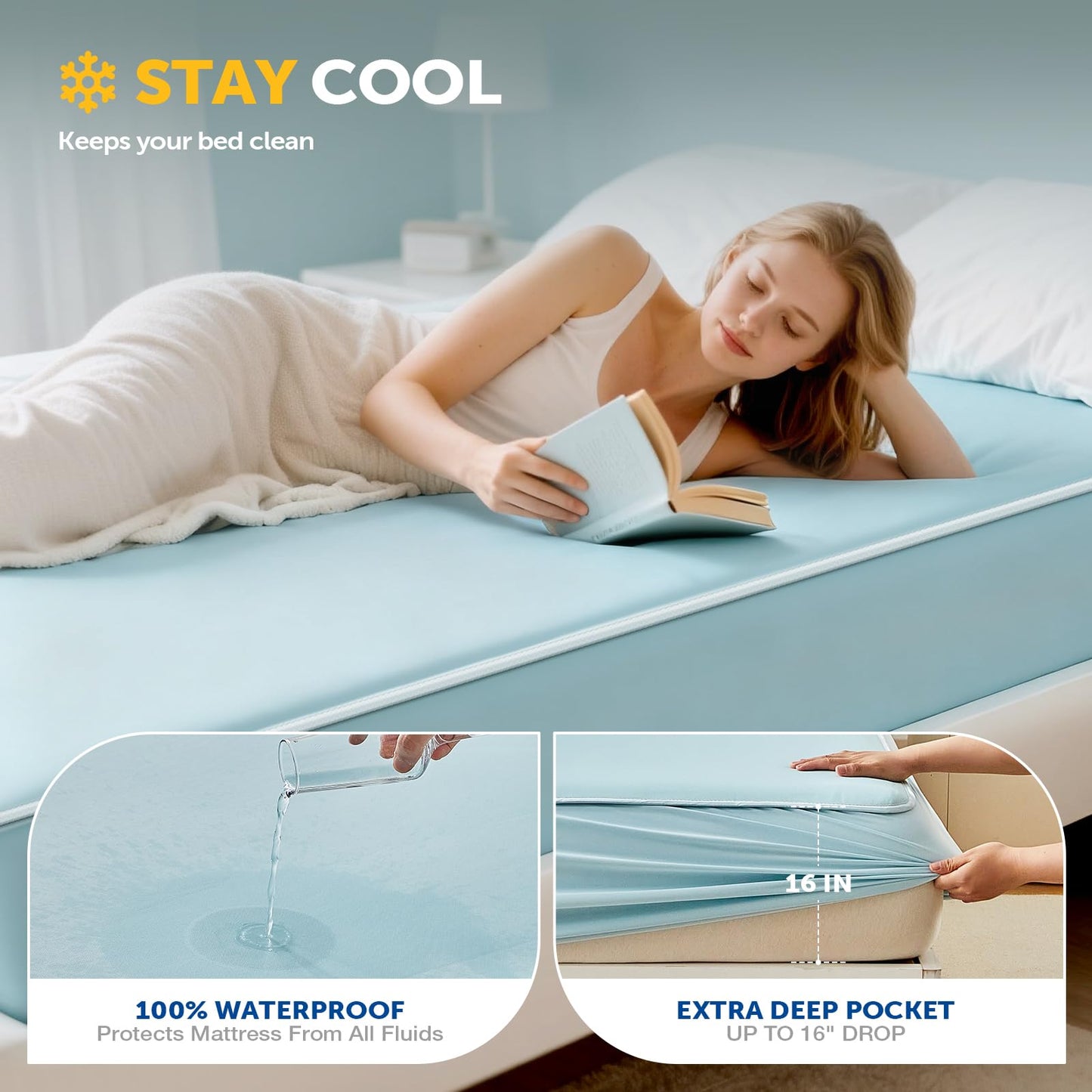Tokokimo Cooling Waterproof Mattress Protector Twin, 3D Air Fabric - Breathable Cooling Mattress Protector, Noiseless ＆ Soft Waterproof Fitted Sheets, Non-Slip Deep Pocket Fits up 8-16''