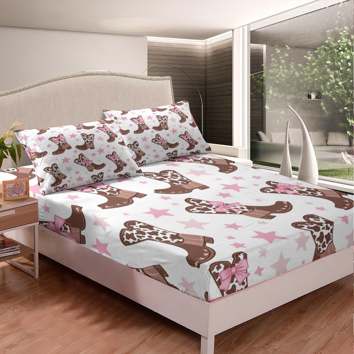 Feelyou Kids Full Size Pink Cowgirl Bed Sheet Set - Cowboy Boots Fitted Sheet, Cute Stars Print Bedding, Kids Boys Girls Kawaii Bed Cover, Lightweight (No Flat Sheet)