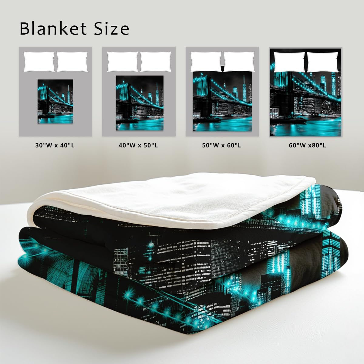 HUNXIAOJ New York City Building Blanket for Bed Couch Cityscape Blanket Throw Black White Teal Decor Flannel Prints Bedding Home Decor (49"x59")