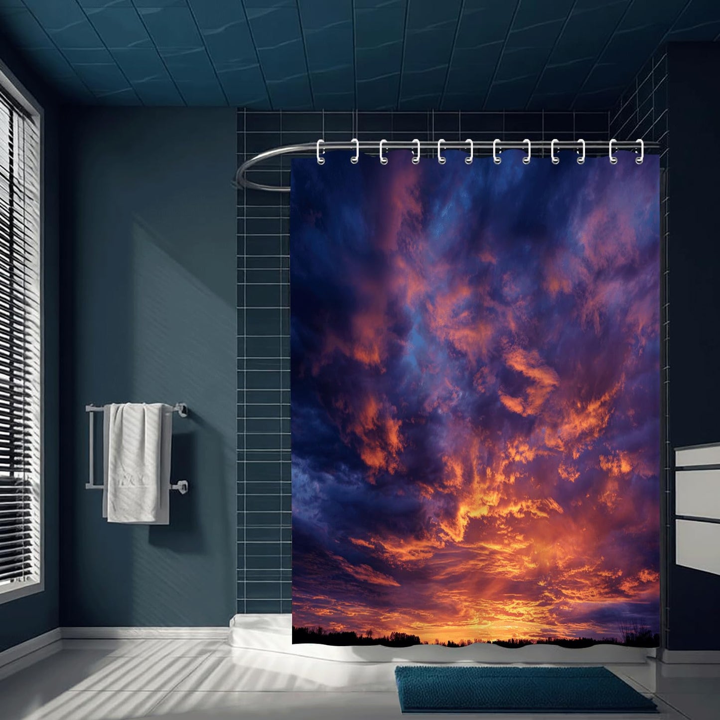 ZROLUW Orange Sky 3D Shower Curtains 72" W x 72" L Sunset Landscape Printed Waterproof Bathroom Curtain Fabric with Hook