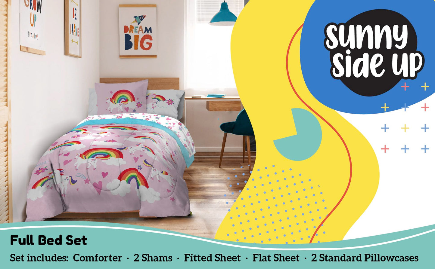 Sunny Side Up Rainbow Unicorns Full Comforter Set - 7 Piece Kids Bedding Includes Comforter, Sheets & Pillow Cover - Super Soft Pink Floral Microfiber Bed Set