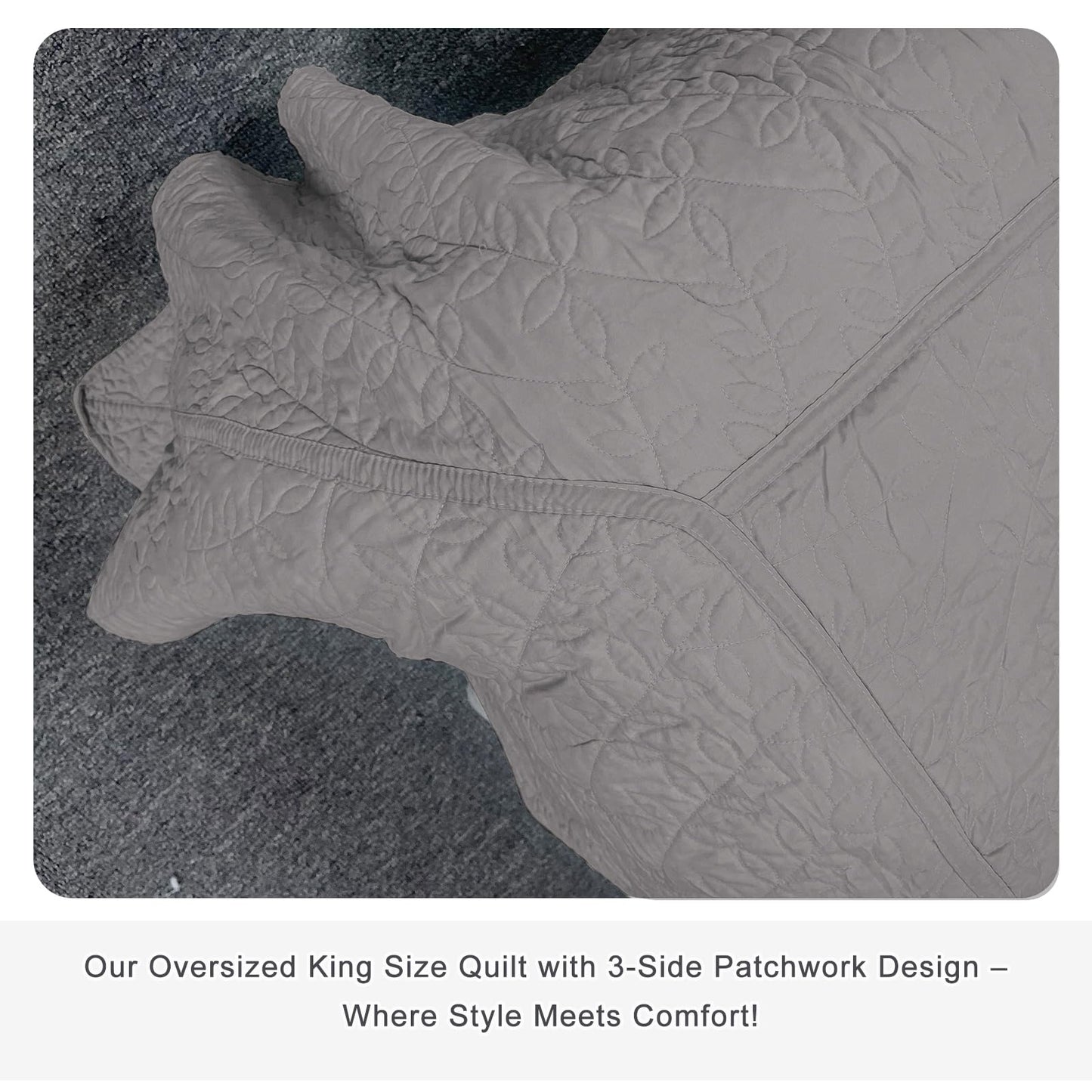 Masaca Oversized King Bedspread 128"x120",Grey Leaf Pattern King Quilt Bedding Set Oversized,3 Pieces Soft Lightweight Gray Extra Large Farmhouse Bedspread & Coverlet Sets