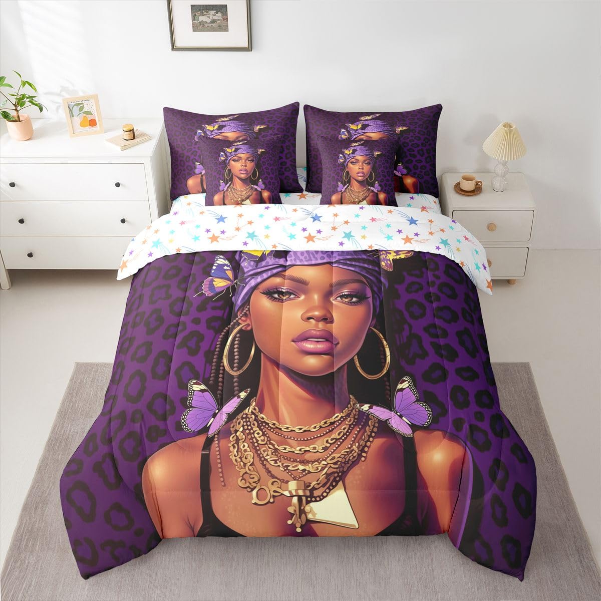 Erosebridal Black Girls Magic Queen Bedding Set Dark Purple Leopard Print Comforter Set Women Teen Coquette Butterfly 7-Piece Bed in a Bag Stylish Cheetah Headwrap Quilt Sets