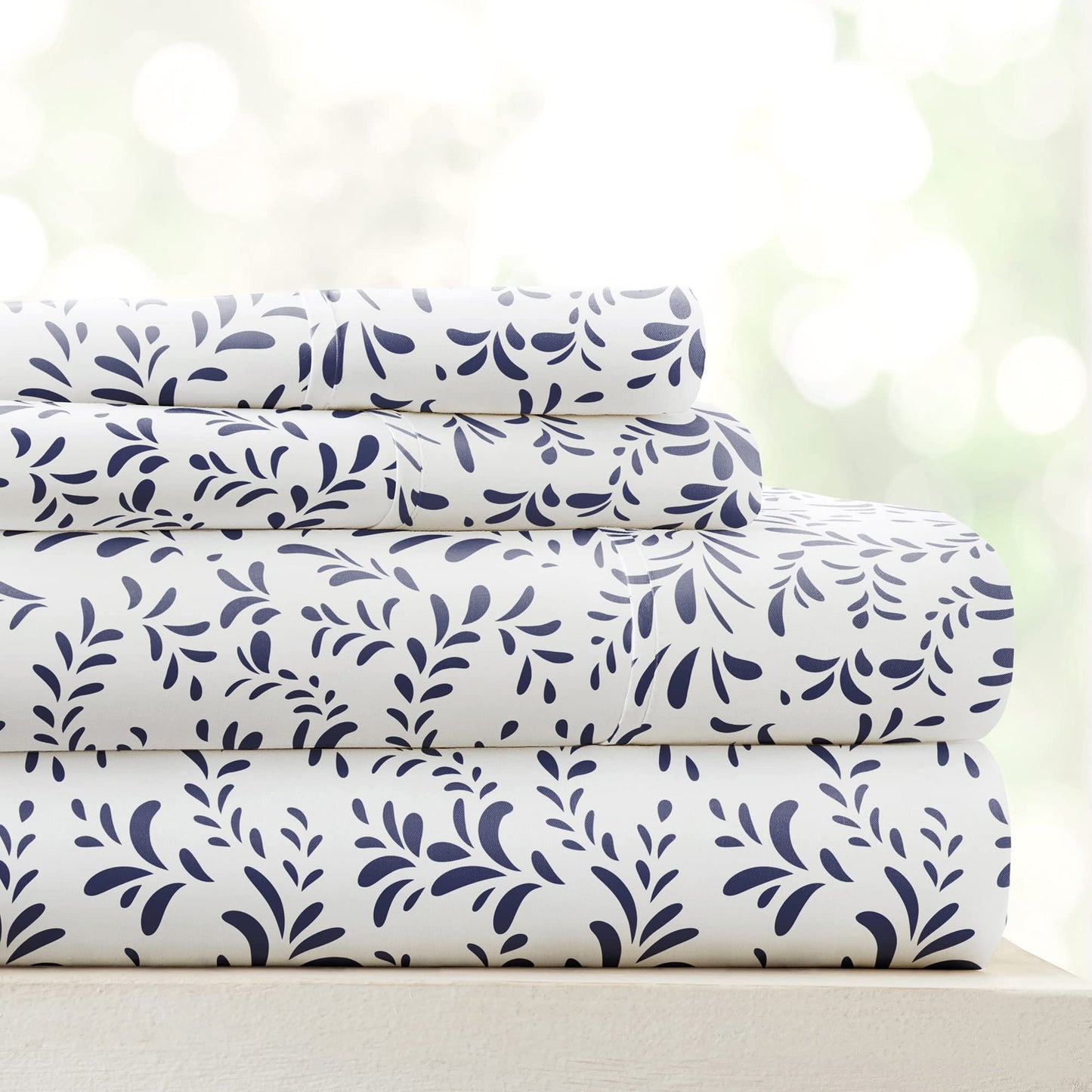 Linen Market Double-Brushed Patterned Microfiber Full Sheet Set 4 Piece – Oeko-TEX Certified Ultra Soft & Wrinkle-Free - 16" Deep Pocket Sheets - Easy Care Full Size - Burst of Vines Navy