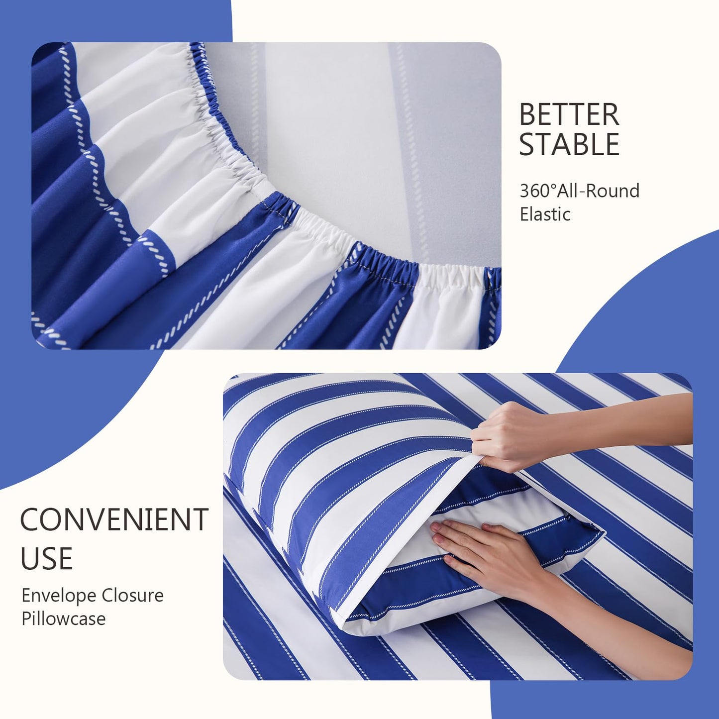 MCO 4Pieces Striped Sheets Set, Breathable Queen Sheet Set with 16" Deep Pocket,Modern & Luxury, Brushed Microfiber Bedding Set(Queen, Navy Blue)