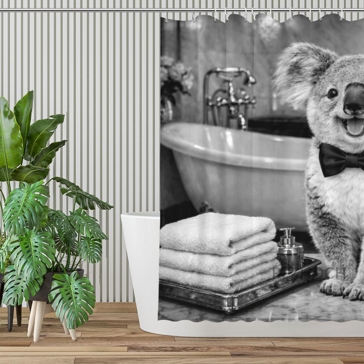 REZHOCH Black and White Shower Curtain 72x72Inch,Fun Koala with Bow Tie Home Bathroom Decor,Animal Luxury Hotel Holiday Waterproof Fabric Modern Bathtub Bath Set with Hooks